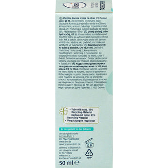 Rückseite der Balea Feuchtigkeitscreme 50 ml mit Produktinformationen, Inhaltsstoffen und Recycling-Hinweisen auf weißem Karton.