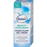 Balea Beauty Hyaluron Hydro Plump Gel-Creme in einer hellblauen 50 ml Tube mit weißem Design und Wassertropfen-Grafik.