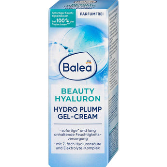 Balea Beauty Hyaluron Hydro Plump Gel-Creme in einer hellblauen 50 ml Tube mit weißem Design und Wassertropfen-Grafik.