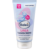 Hellblaue 50 ml Tube Balea Urea Tagescreme mit LSF 15 für trockene, sensible Haut, parfümfrei.
