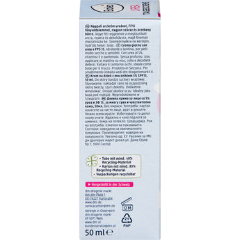 Rückseite der Balea Urea Gesichtscreme 50 ml Verpackung mit Produktinformationen und Recycling-Hinweisen.