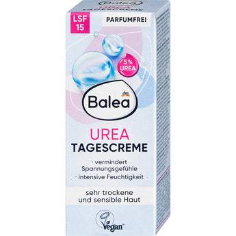Balea Urea Tagescreme 50 ml in weiß-blauer Verpackung mit LSF 15 für sehr trockene und sensible Haut.