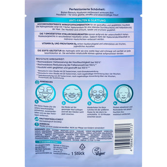 Rückseite der blauen Balea Beauty Hyaluron Hydrogel Maskenverpackung mit Anwendungshinweisen und Inhaltsstoffen.