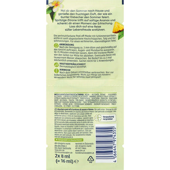 Rückseite der Balea Lemon Lover Peel-Off Gesichtsmaske mit Anwendungshinweisen, Inhaltsstoffen und Barcode auf 16ml Sachet.