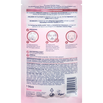 Rückseite der Balea Biozellulose-Tuchmaske mit Reiswasser und Hyaluron, inklusive Anwendungshinweisen und Inhaltsstoffen.