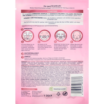 Rückseite der Balea Glass Skin Kollagen-Gesichtsmaske mit rosa Design, Anwendungshinweisen und Inhaltsstoffen.