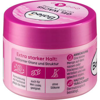 Rosa 75 ml Tiegel Balea Haargel Glossy & Shine Glanz Wachs mit starkem Halt und Informationen zur Anwendung.