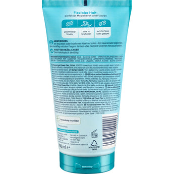 Rückseite der hellblauen Balea Power Flex Haargel Tube mit Anwendungshinweisen und Inhaltsstoffen auf 150 ml.