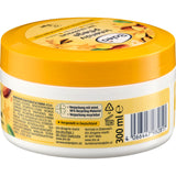 Balea Intensivpflege 3in1 Haarmaske im 300 ml Tiegel mit gelbem Deckel, Mandel- und Vanille-Design sowie Inhaltsstoffliste.