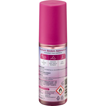 Pinke 100 ml Balea Haarparfüm Brazilian Nights Sprühflasche mit Produktinformationen und Anwendungshinweisen auf der Rückseite.