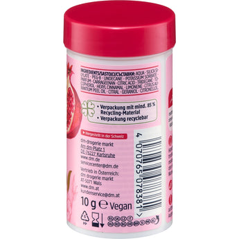 Rückseite der Balea Volumenpuder Dose mit Granatapfel-Design, Inhaltsstoffen und Barcode auf weißem Hintergrund.