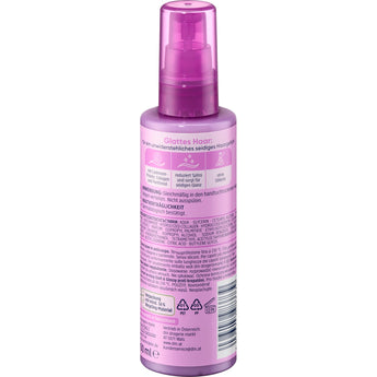 Balea Haarserum Glatt & Glossy in einer violetten 100 ml Pumpflasche mit detaillierten Anwendungshinweisen auf dem Etikett.