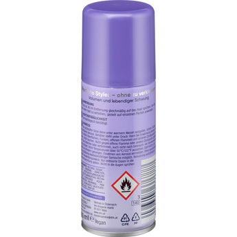 Lila Balea Haarspray Volume Effect Reisegröße 100 ml mit Produktinformationen und Warnhinweisen auf der Rückseite.