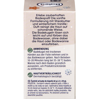 Rückseite der Balea Frosty Dreams Badebomben-Verpackung mit Anwendungshinweisen und winterlichen Illustrationen.