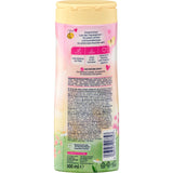 Rückseite der Balea Kinder Duschgel 4in1 Dreamy Days Flasche mit Inhaltsstoffen, Symbolen und rosa Design auf 300 ml Kunststoff.