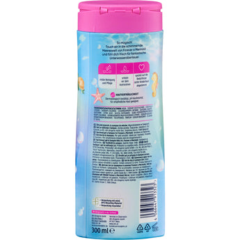 Rückseite der Balea Kinder Duschgel & Shampoo 2in1 Flasche mit pinkem Deckel, Meerjungfrau-Motiven und Produktinformationen.