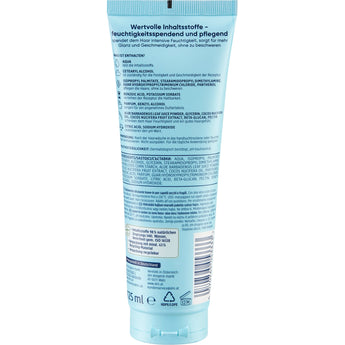 Rückseite der hellblauen Balea Leave-In Pflege Tube mit Inhaltsstoffliste, Anwendungshinweisen und Barcode, 125 ml.