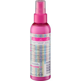 Pinke 150 ml Balea Leichtkämmspray Kinder Happy Berry Flasche mit Sprühkopf und detaillierten Produktinformationen auf der Rückseite.