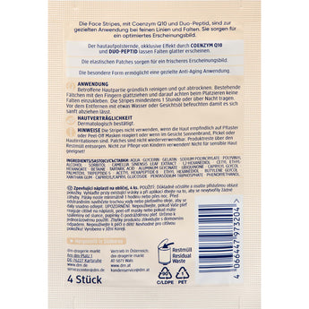 Rückseite der Balea Lifting-Patches Verpackung mit Anwendungshinweisen, Inhaltsstoffen und Barcode auf beigem Hintergrund.