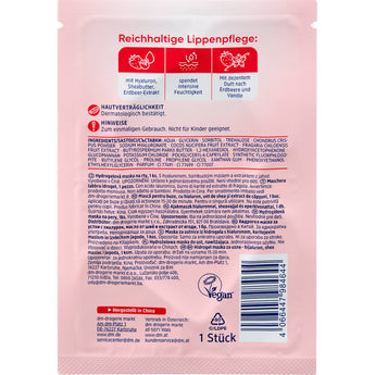 Rückseite der rosa Balea Hydrogel Lippenmaske mit Inhaltsstoffen, Anwendungshinweisen und veganem Logo auf weißem Hintergrund.