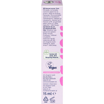 Rückseite der Balea Lippenpflege Be You Verpackung mit 15 ml Inhalt, veganem Logo und Recycling-Hinweisen auf weißem Grund.
