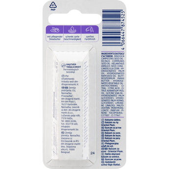 Rückseite der Balea Lippenpflege Oriental Plum Verpackung mit Inhaltsstoffen, Anwendungshinweisen und Barcode auf weißem Karton.