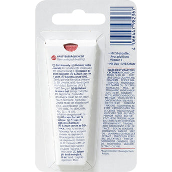 Rückseite einer Balea Lippenpflege Tube mit LSF 30, Inhaltsstoffen und Produktinformationen auf weißem Blisterkarton.