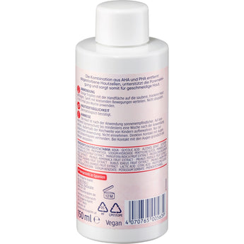 Weiße 150 ml Balea Liquid Peeling Flasche mit rosa Etikett, Anwendungshinweisen und Inhaltsstoffen auf der Rückseite.