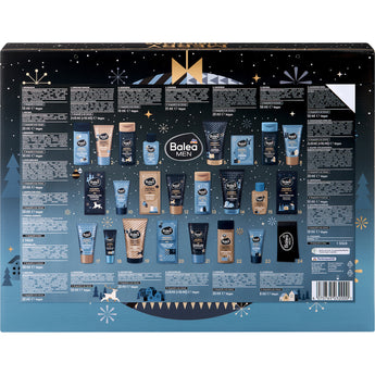 Balea MEN Adventskalender Rückseite mit 24 nummerierten Pflegeprodukten, Inhaltsstoffen und weihnachtlichem Design.