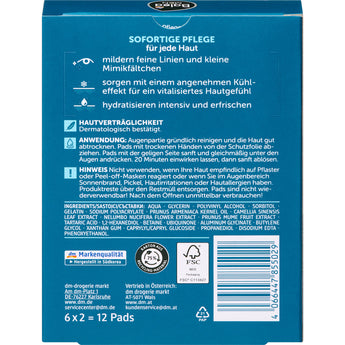 Rückseite der blauen Balea MEN Hydrogel Augenpads Verpackung mit Anwendungshinweisen, Inhaltsstoffen und Barcode.
