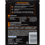 Schwarze Rückseite einer Balea MEN Augenpad-Verpackung mit Anwendungshinweisen, Inhaltsstoffen und Barcode.