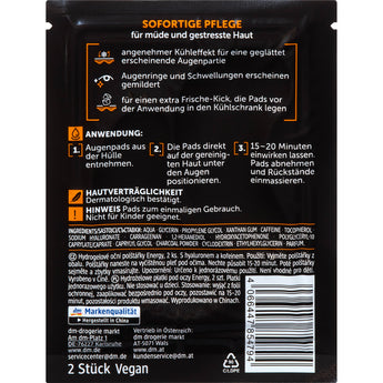 Schwarze Rückseite einer Balea MEN Augenpad-Verpackung mit Anwendungshinweisen, Inhaltsstoffen und Barcode.