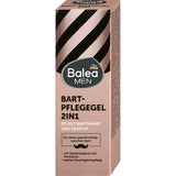 Balea MEN Bart-Pflegegel 2in1 in beiger Verpackung mit schwarzem Streifenmuster und Hyaluronsäure-Pflegeformel.