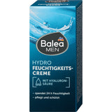 Balea MEN Hydro Feuchtigkeitscreme in blauer Verpackung mit Hyaluronsäure-Hinweis und erfrischendem Wassertropfen-Design.
