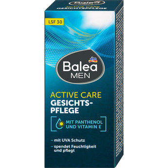 Balea MEN Active Care Gesichtspflege in blauer Verpackung mit LSF 30, Panthenol und Vitamin E für intensive Feuchtigkeit.