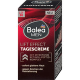 Balea MEN Lift Effect Tagescreme in einer dunkelroten Verpackung mit LSF 30 und Retinol-Peptid-Komplex für glattere Haut.