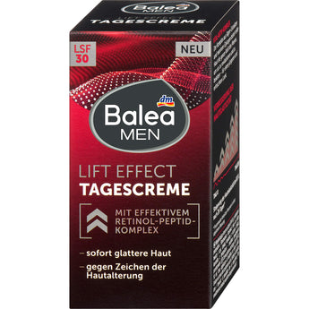 Balea MEN Lift Effect Tagescreme in einer dunkelroten Verpackung mit LSF 30 und Retinol-Peptid-Komplex für glattere Haut.