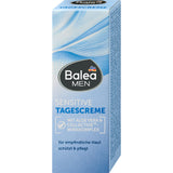 Balea MEN Sensitive Tagescreme in hellblauer Verpackung mit Aloe Vera und Cellactive Wirkkomplex für empfindliche Haut.