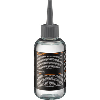 Transparente Flasche mit schwarzem Etikett und grauer Dosierspitze für Balea MEN Haarstyling-Gel, 150 ml.