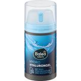 Balea MEN Hydro Hyalurongel in einer dunkelgrauen Spenderflasche mit hellblauem Pumpkopf und transparenter Schutzkappe.