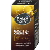 Balea MEN Q10 Nachtcreme in schwarz-goldener Verpackung mit regenerierender Formel zur Milderung erster Falten.