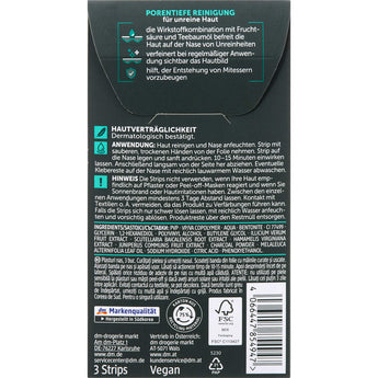 Rückseite einer Balea MEN Nasenstrips-Verpackung mit Anwendungshinweisen, Inhaltsstoffen und Barcode auf dunklem Hintergrund.