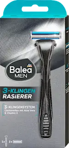Balea MEN 3-Klingen-Nassrasierer mit ergonomischem, schwarzem Gummigriff in der Produktverpackung.