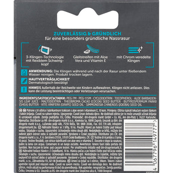 Rückseite der Balea MEN Rasierklingen-Verpackung mit Anwendungshinweisen, Inhaltsstoffen und Produktinformationen auf Deutsch.