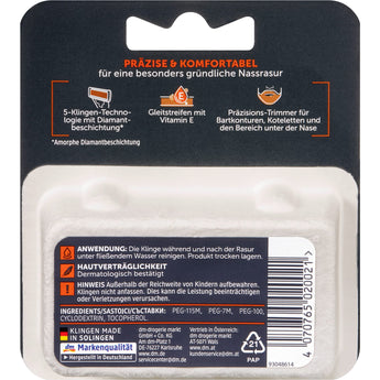 Rückseite der Balea MEN Rasierklingen-Verpackung mit Produktinformationen, Anwendungshinweisen und Inhaltsstoffen.