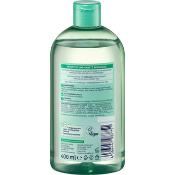 Rückseite der 400 ml Balea Mizellenwasser Flasche mit Kaktusfeigen-Extrakt, Produktinformationen und Vegan-Siegel.
