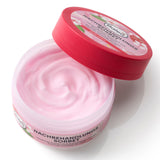 Offener 150 ml Tiegel Balea Nachbehandlungssorbet mit hellrosa Creme, Kirschblüten-Design und rotem Deckel.