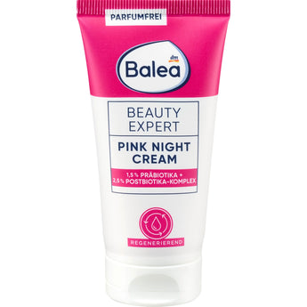 Balea Beauty Expert Pink Night Creme in einer weißen 50 ml Tube mit pinkem Design und regenerierender Wirkung.