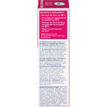 Balea Beauty Expert Pink Night Creme 50ml Verpackungsrückseite mit Inhaltsstoffen und Anwendungshinweisen auf Pink.