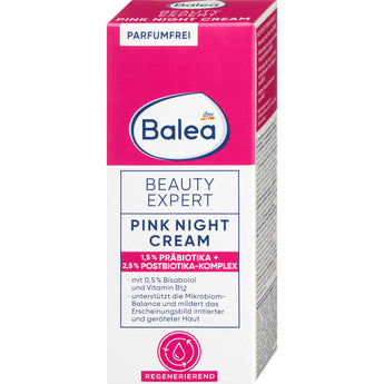 Balea Beauty Expert Pink Night Creme in weiß-pinker 50 ml Faltschachtel mit Informationen zu Prä- und Postbiotika.